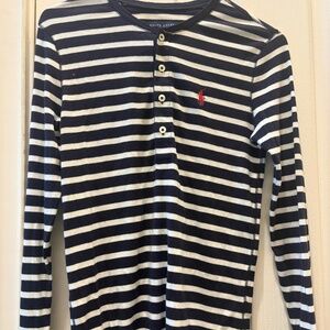 Y2K VINTAGE RALPH LAUREN WOMEN'S LONG SLEEVE TEE - NAVY/WHITE STRIPE